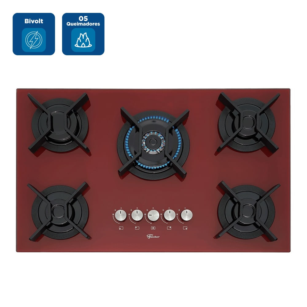 Cooktop a Gás Fischer 5 Bocas TC Infinity Mesa Vidro Vermelho Rouge – Bivolt - Imagem 2
